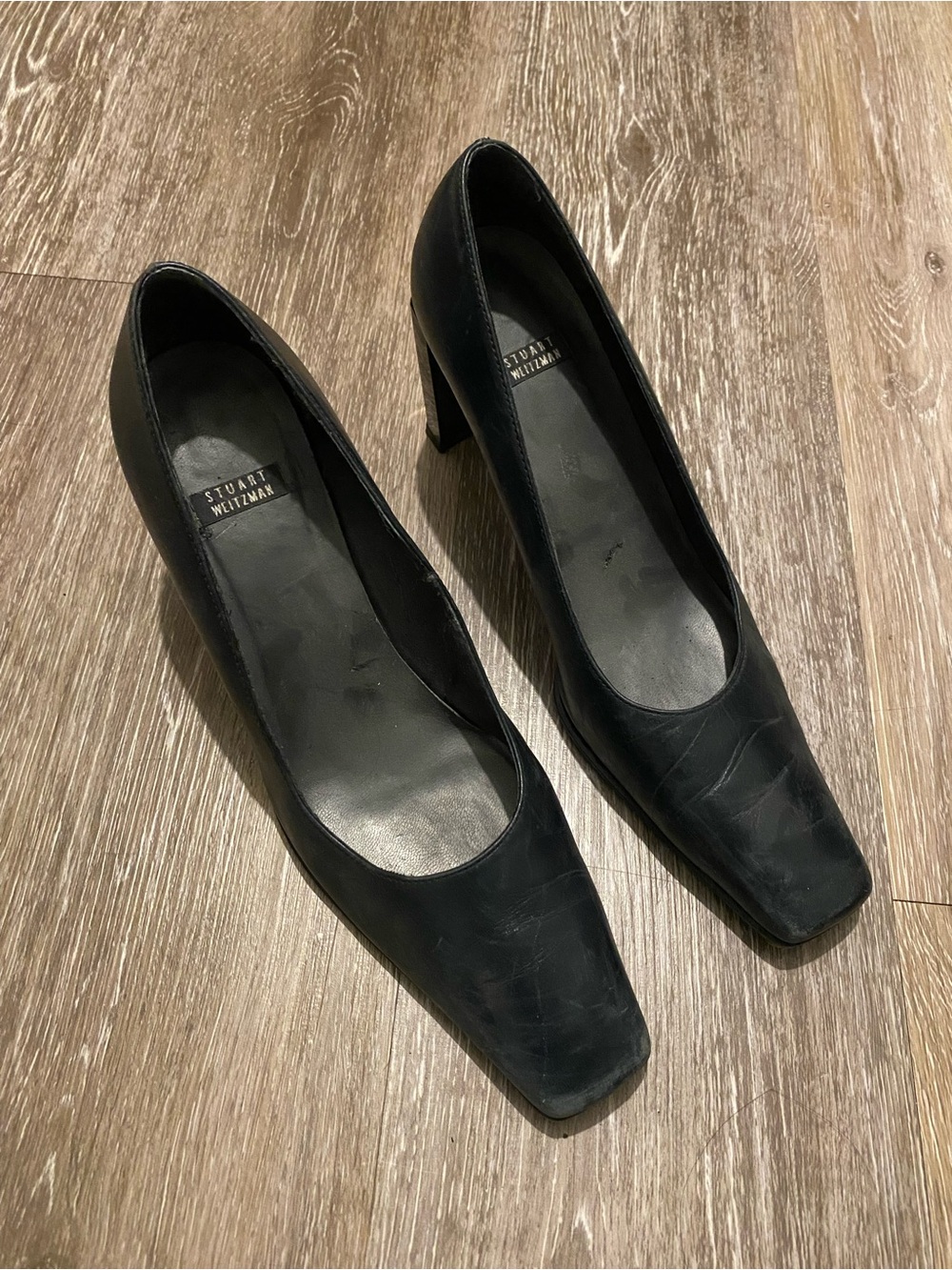 Stuart Weitzman Black Square-Toe Leather Heels